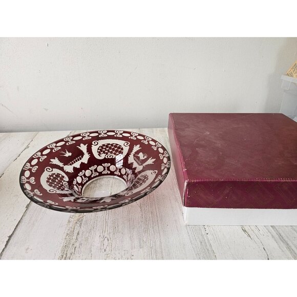 Egermann flair bowl Ruby red cut Bohemian glass deer scene building new - Picture 2 of 9